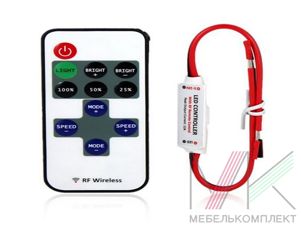 Диммер мини LED 12В-24В, 6А, c ПУ с бат. 11 кнопок, 53*13*6мм, черн-крас., 10см, вх/вых провод 2*0,35мм