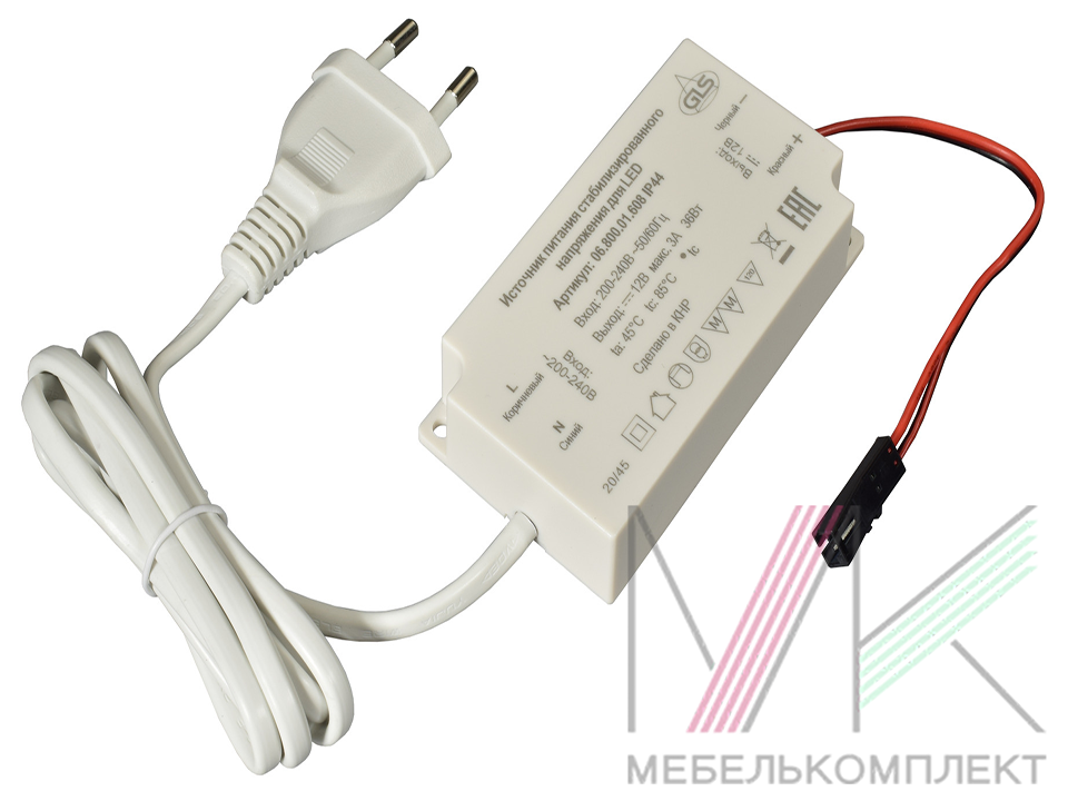 Источник пит.стаб.напр.12В, max 50Вт, IP44, вх. 220В, пласт.корп. 184х55х16,5мм 